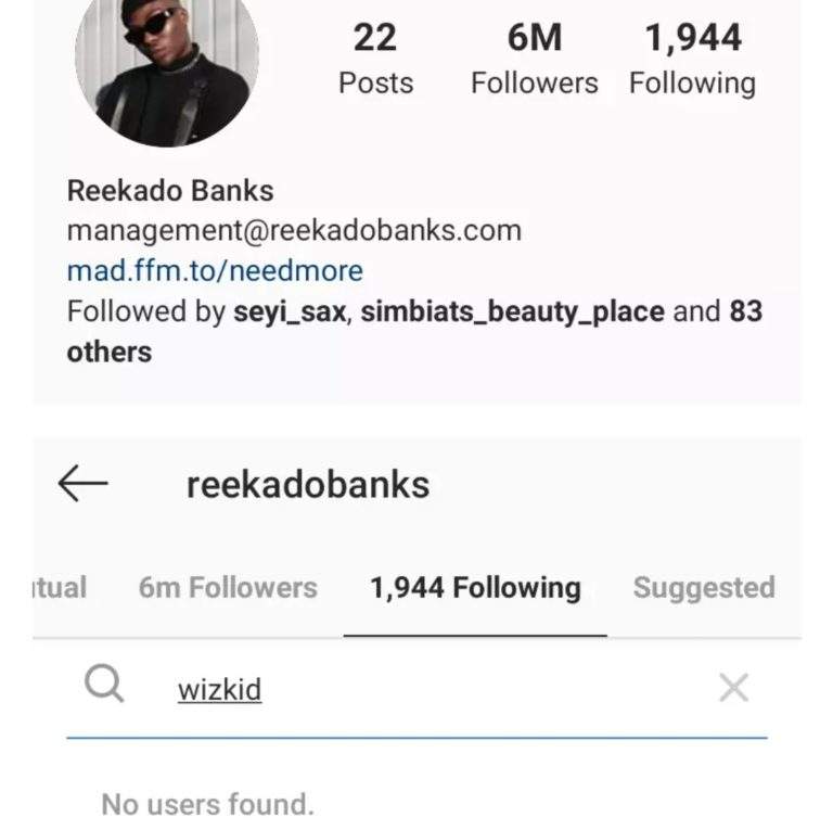 Reekado Banks Unfollows Wizkid On Instagram After Wizkid Called Him An Animal