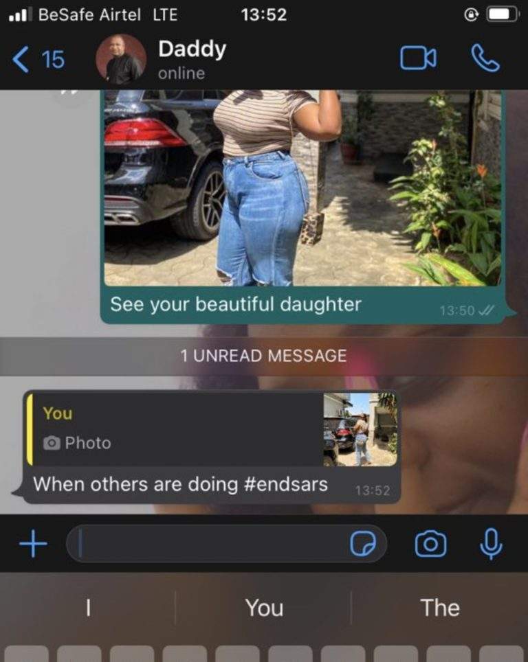 Nigerian lady shares chat with father who trolled her for snapping pictures at home, instead of joining #EndSARS protest