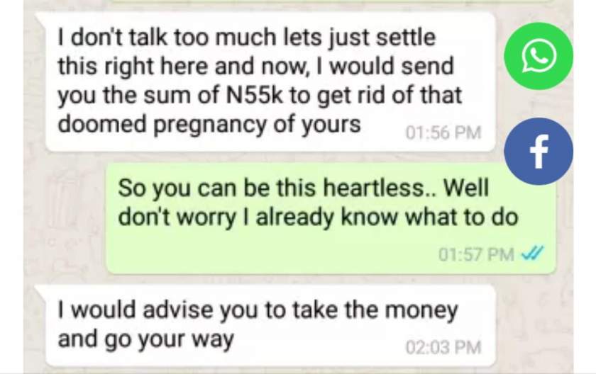 'I will send you N55K to get rid of that doomed pregnancy' - Lady shares chat with boyfriend who got her pregnant