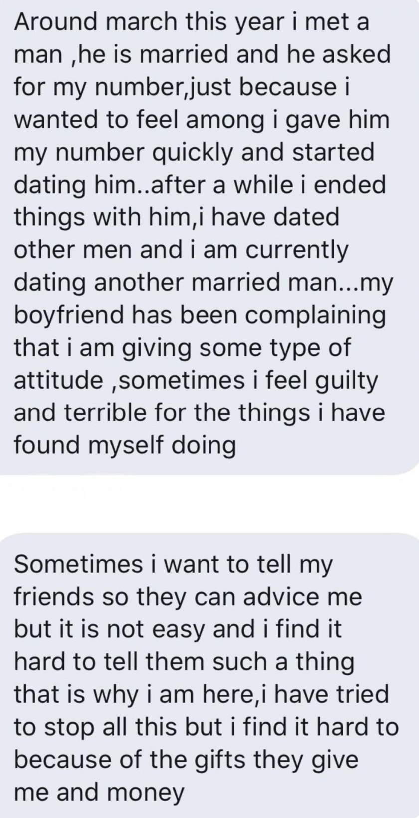 19 year old girl addicted to married men, shares story