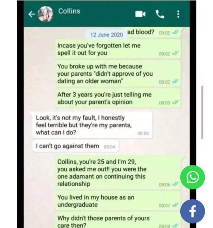 Lady shares chat with boyfriend who broke up with her after she trained him in school and fed him, says she's too old for him