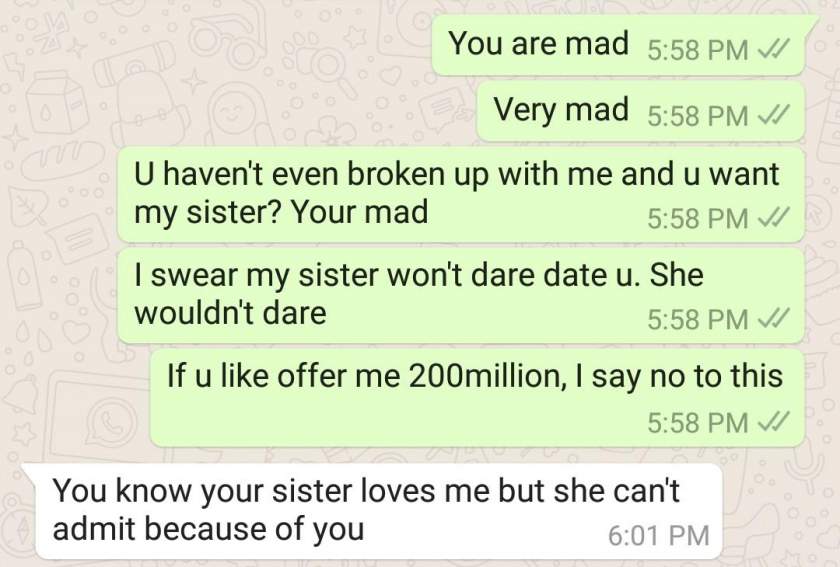 'I want both of you to live in peace, no fight' - Lady shares chat with boyfriend who offered her N500K to allow him date her sister
