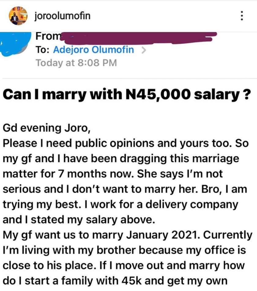 'My girlfriend wants us to marry by January next year, but my salary is 45,000' - Nigerian man seeks advice