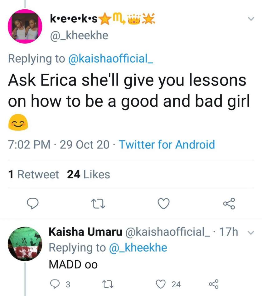 Kaisha replies fan who asked her to meet Erica for lessons on how to become a bad girl