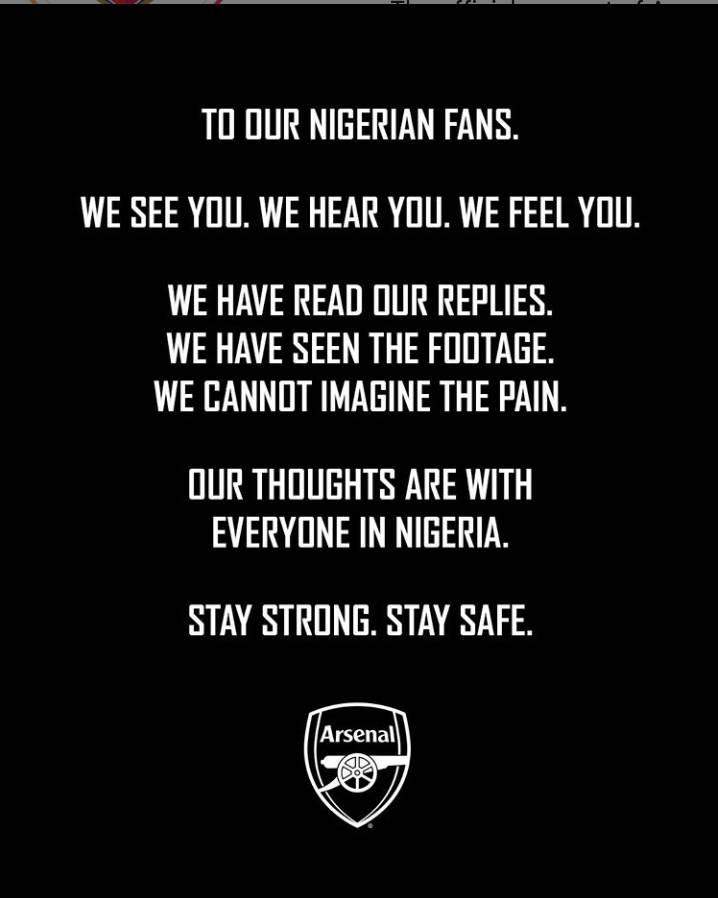 'We cannot imagine the pain' - Arsenal FC sympathizes with victims of #LekkiGenocide