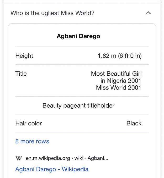Google search tags Nigeria's Agbani Darego as 'ugliest miss world'