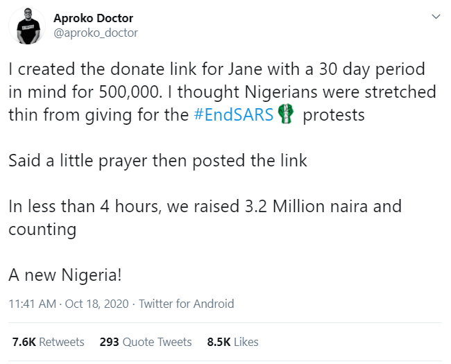 Nigerians raise over N3million to buy prosthetic leg for disabled lady who joined #EndSARS protest