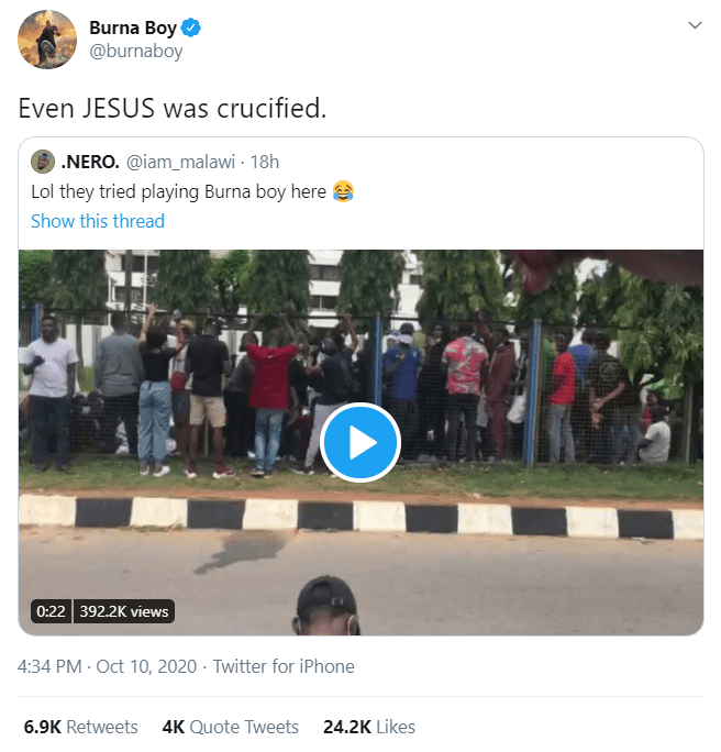'Even Jesus was crucified' - Burna Boy reacts after his song was rejected by #EndSARS protesters