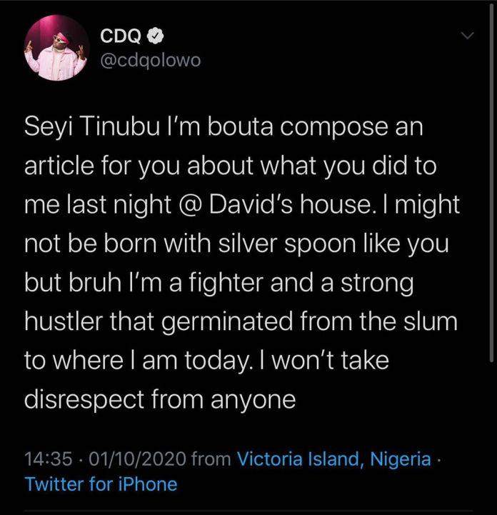 After calling Seyi Tinubu out, Nigerians dig out old tweet of CDQ praising him as 'a good man'