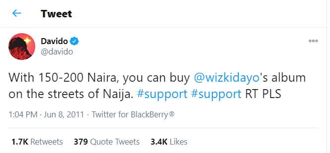 Nigerians dig out 2011 tweet of Davido begging people to buy Wizkid's album