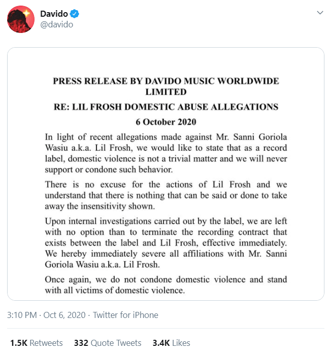 Alleged Domestic Violence: Davido terminates contract with Lil Frosh