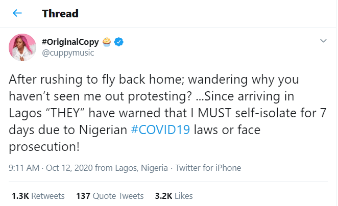 DJ Cuppy reveals why she hasn't joined #EndSARS protests after returning to Nigeria