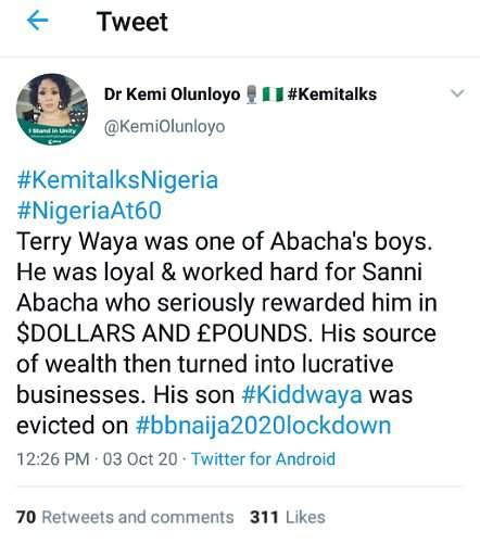 Kemi Olunloyo Reveals Kiddwaya's Father, Terry Waya's Source Of Wealth