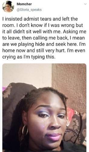 Amidst tears, lady narrates how she was humiliated at a job interview