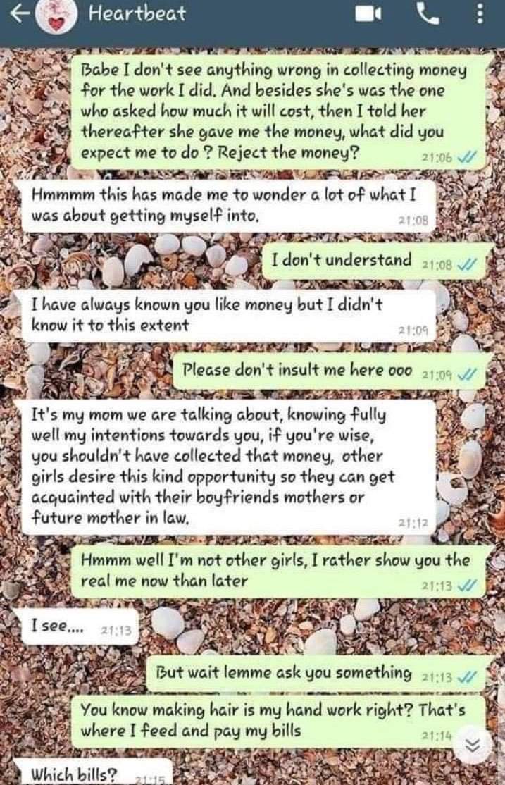 'You're ungrateful' - Boyfriend slams girlfriend for collecting money from his mom after making her hair