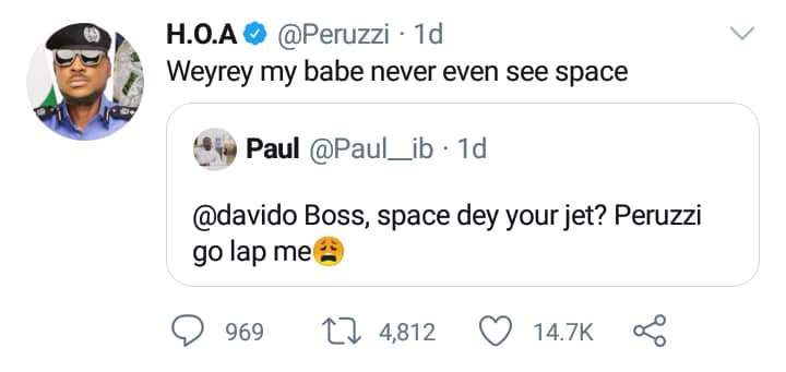 Peruzzi blasts fan who begged for space on Davido's Private Jet