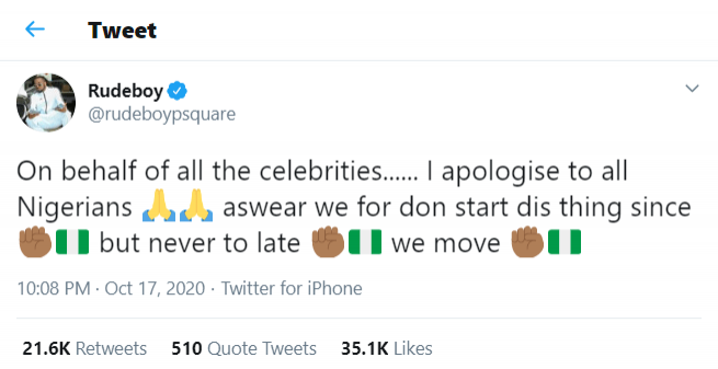 #EndSARS: Celebrities should have started the protest a long time ago - Paul Okoye apologizes