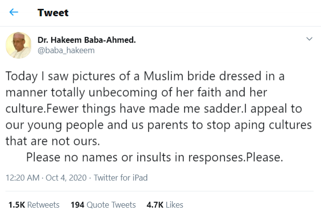 'Totally unbecoming of her faith and culture' - Man criticises Atiku's daughter-in-law's wedding dress