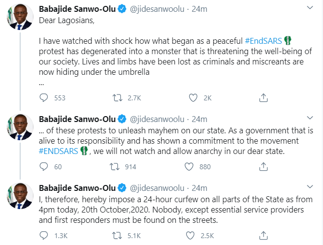 Breaking: Sanwo-Olu imposes 24 hours curfew in Lagos