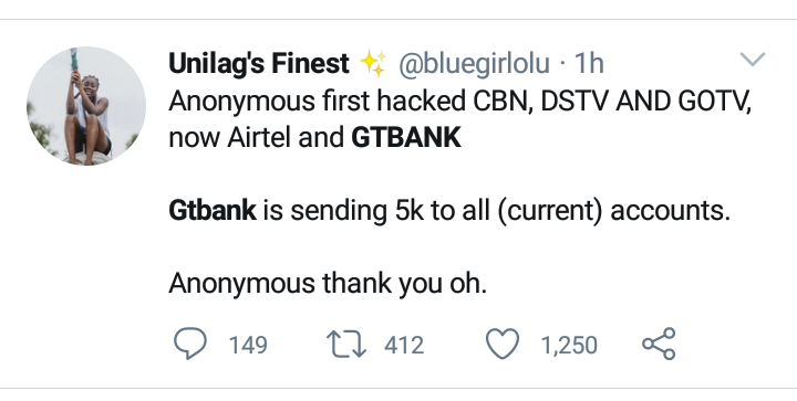 #EndSARS: Anonymous allegedly hacks GTBank, credits N5,000 to current account users