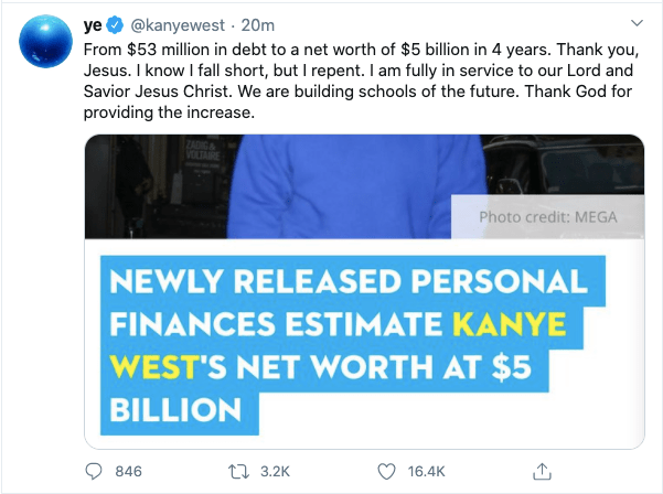 'Thank You Jesus' - Kanye West Says As He Celebrates $5billion Net Worth