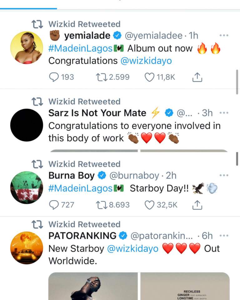 Wizkid ignores Davido's tweet, acknowledges Burna Boy, Yemi Alade, others