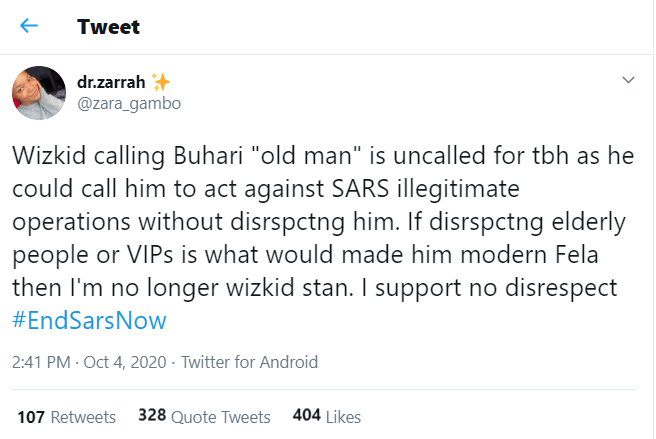 For calling Buhari an 'old man' I am no longer a Wizkid fan - Nigerian lady says