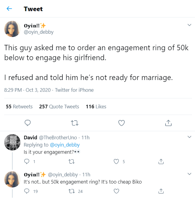 'You are not ready for marriage' - Lady tells man set to engage his girlfriend with N50k engagement ring