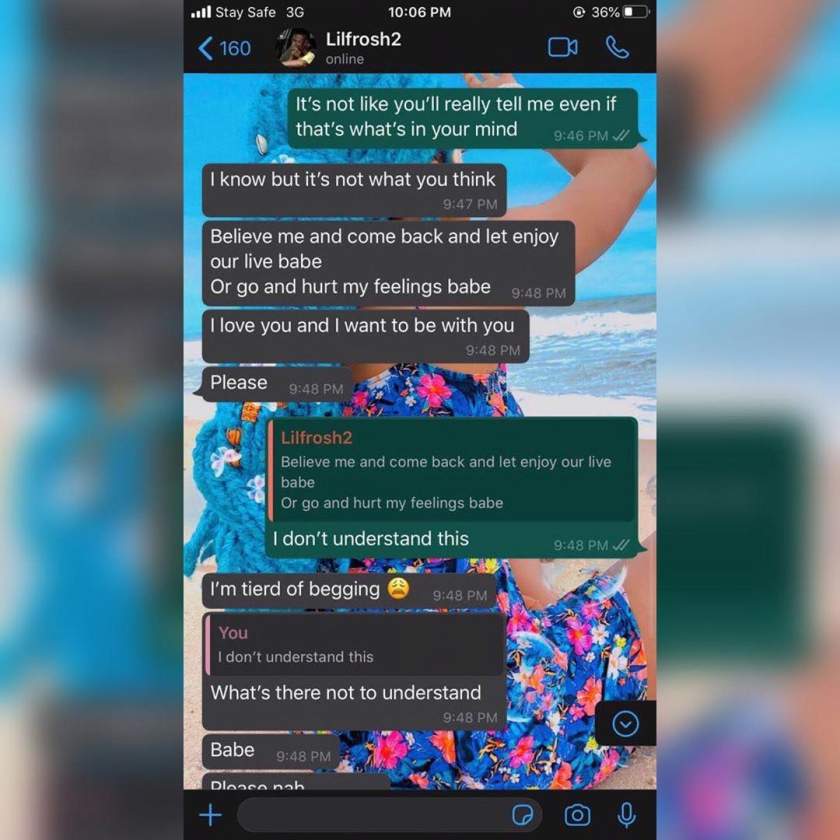whatsapp chat lil frosh begging girlfriend after beating her up
