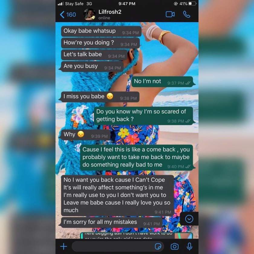 Leaked Whatsapp Chat of Lil Frosh Pleading After Beating Up Girlfriend