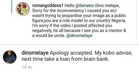'Next time take a loan from a brain bank' - Dino Melaye Reacts To Roman Goddess' Apology