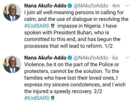 'I have spoken with President Buhari who is committed to end the #EndSARS impasse' - Ghanaian president, Nana Akufo-Addo
