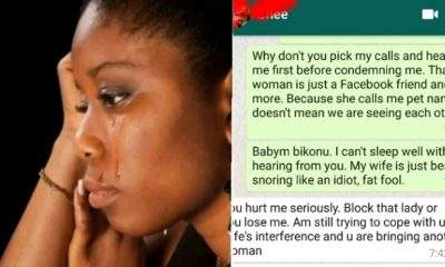 'My wife is just beside me snoring like an idiot, fat fool' - Heartbroken wife leaks husband's chat with his side chick