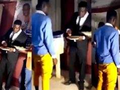 Watch moment pastor ate eba and soup in church and gave members his fingers to lick to receive blessings (Video)