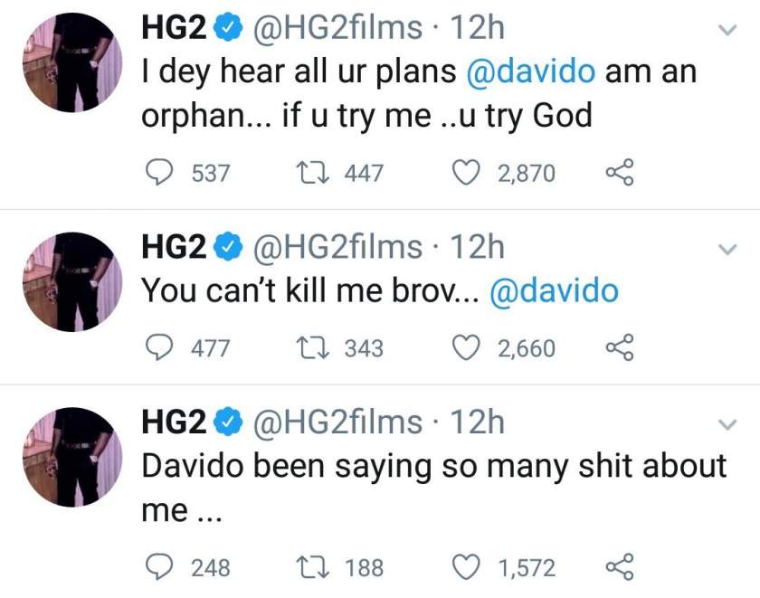 'I dey hear all your plans, you can't kill me' - Filmmaker HG2 calls out Davido