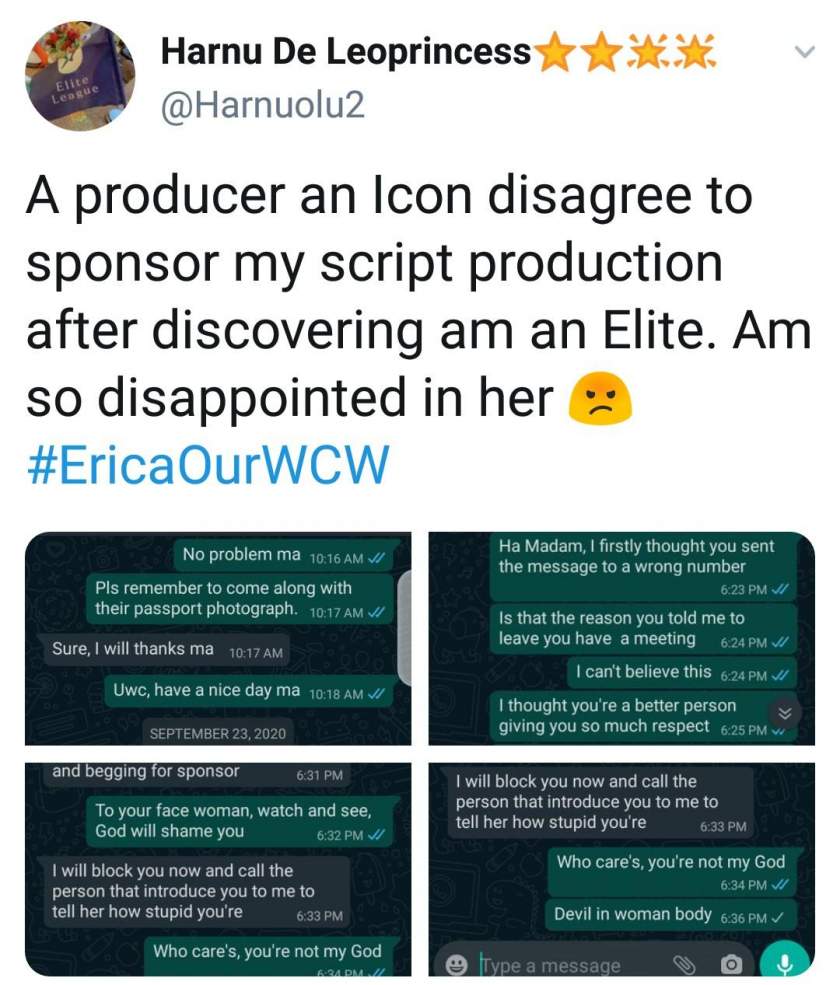 Lady shares chat with producer who refused to sponsor her script after finding out that she's Erica's fan