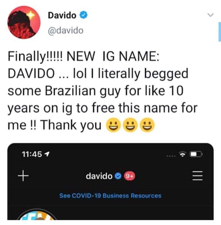 'I literally begged a guy for 10 years to free this name for me' - Davido celebrates getting his correct username on IG