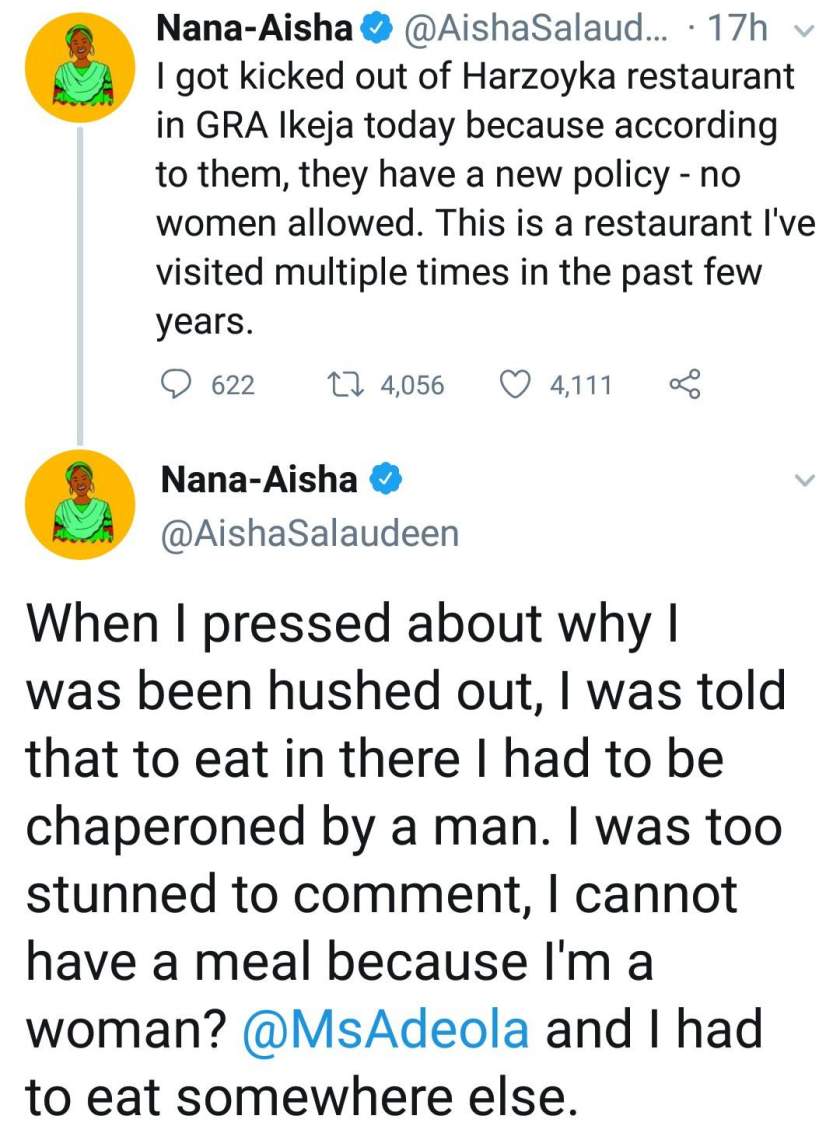 Nigerian lady kicked out of a restaurant because she didn't come in with a man