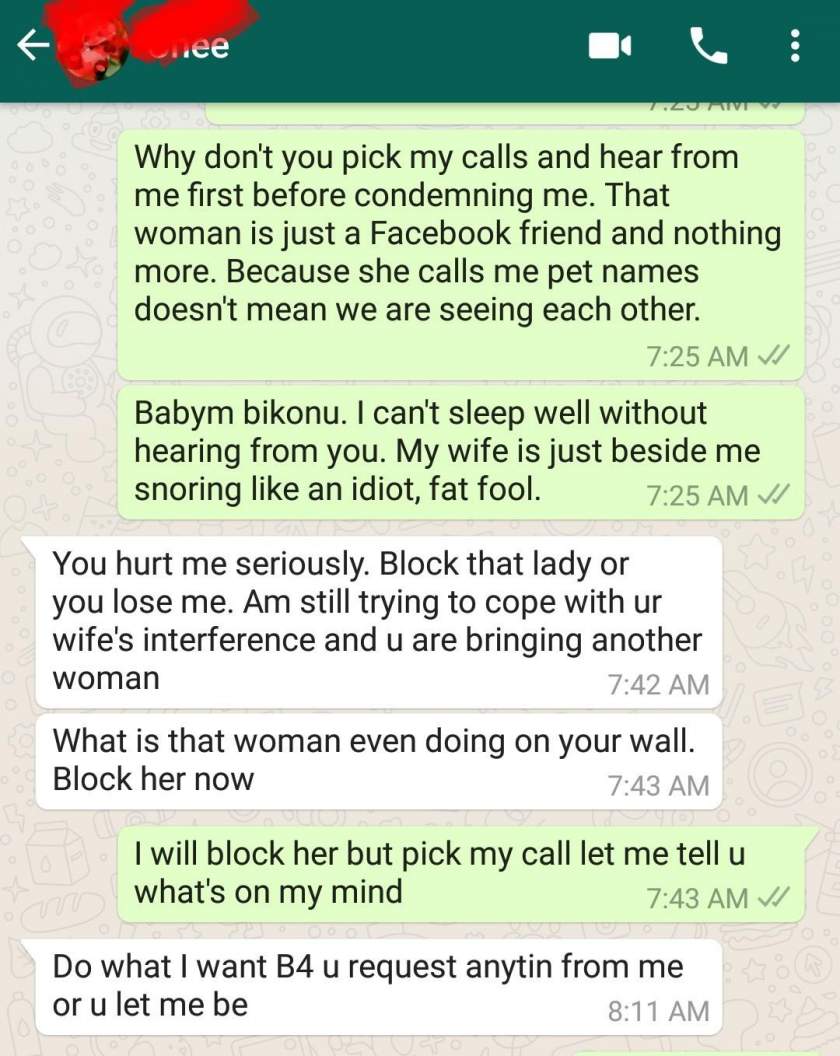 'My wife is just beside me snoring like an idiot, fat fool' - Heartbroken wife leaks husband's chat with his side chick