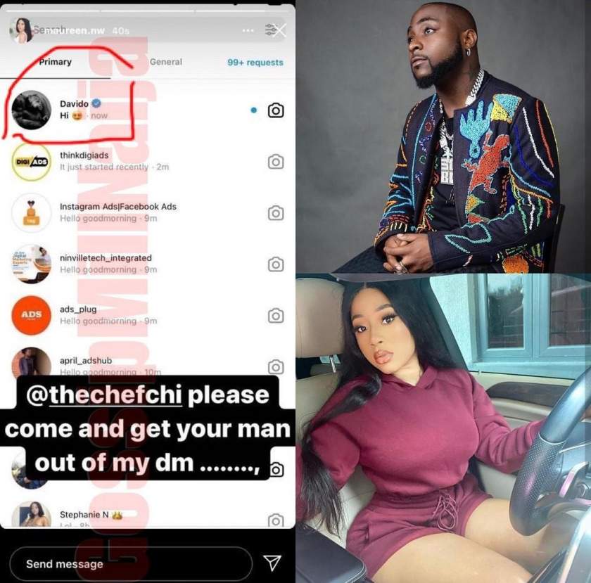 'Chioma come and get your man out of my DM' - Lady says as she shares screenshot of Davido's message to her