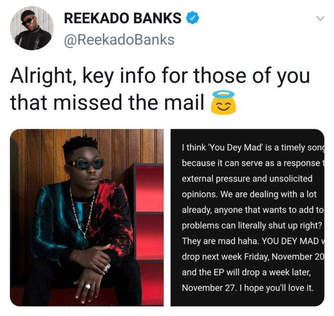 Reekado Banks to release song titled 'You dey mad', weeks after Wizkid called him an animal