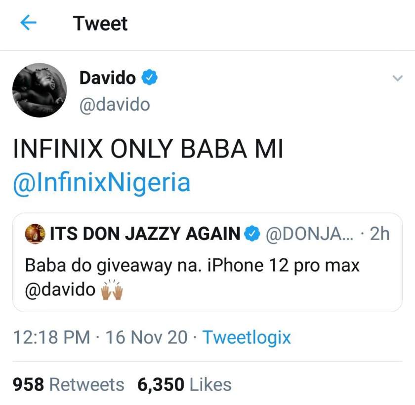 Davido Reacts As DonJazzy Requests For iPhone 12 Pro Max