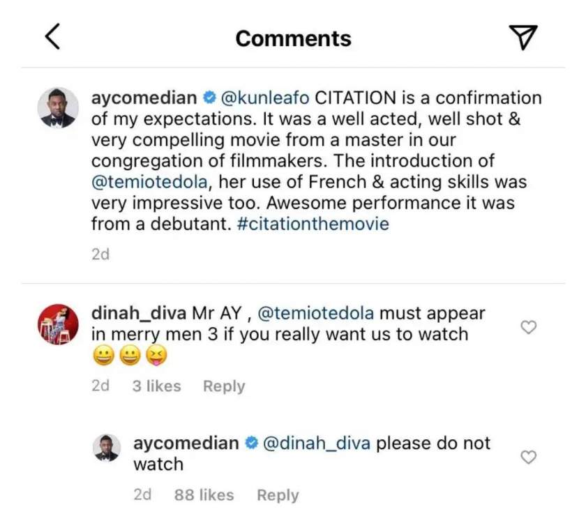 Comedian Ay replies lady who said nobody will watch his movie if he doesn't cast Temi Otedola