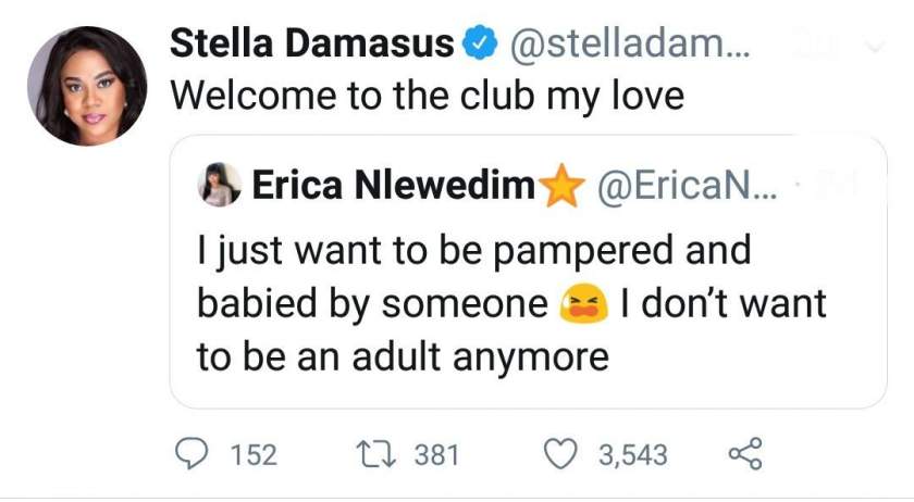 Stella Damasus Reacts As Erica Says She Wants To Be Pampered And Babied By Someone