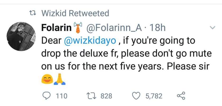 Wizkid reacts after a fan told him not to leave his next album for five years before releasing it