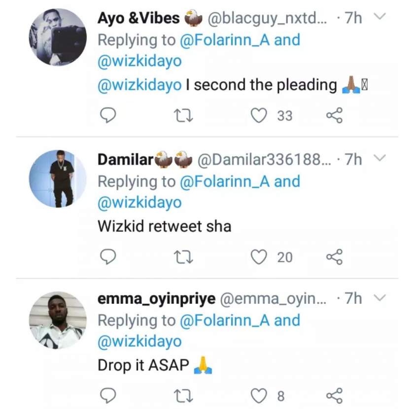 Wizkid reacts after a fan told him not to leave his next album for five years before releasing it
