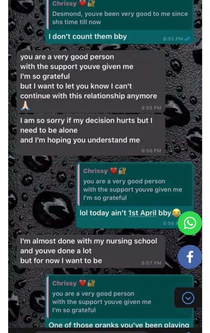 Heartbroken man shares chat with lover who ditched him after he sacrificed all he has to train her in school