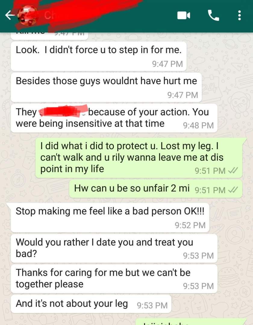Man shares chat with lover who broke up with him after he lost his leg while trying to protect her from robbers