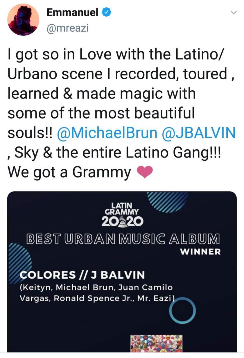 'We won a Grammy' - Mr Eazi excited as he wins Latin Grammy award