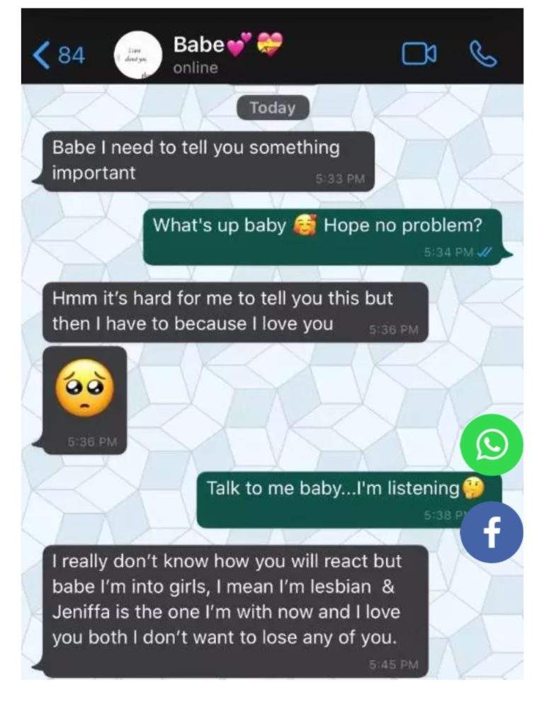 Heartbroken man shares chat with girlfriend who told him she is now a lesbian
